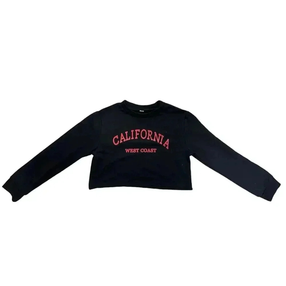 Girls M Black California West Coast Graphic Crop Top Long Sleeve Tee